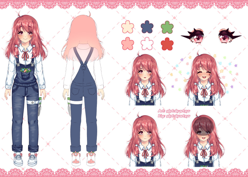 1girl absurdres blossom_hanamori character_sheet flower full_body hair_ornament highres long_hair pale_skin pink_eyes red_hair sketchyartsy star_(symbol) star_hair_ornament vdonburi virtual_youtuber