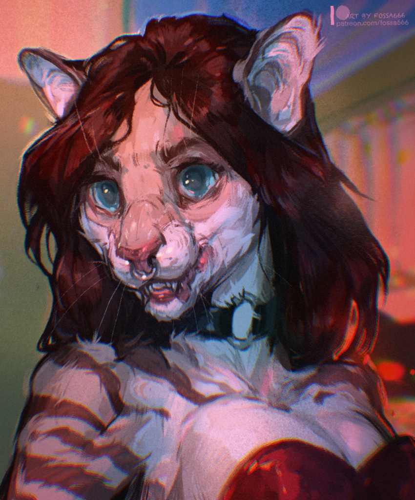 2022 anthro blue_eyes breasts clothed clothing collar digital_media_(artwork) facial_piercing felid feline female fossa666 hair headshot_portrait hi_res mammal nose_piercing nose_ring piercing portrait