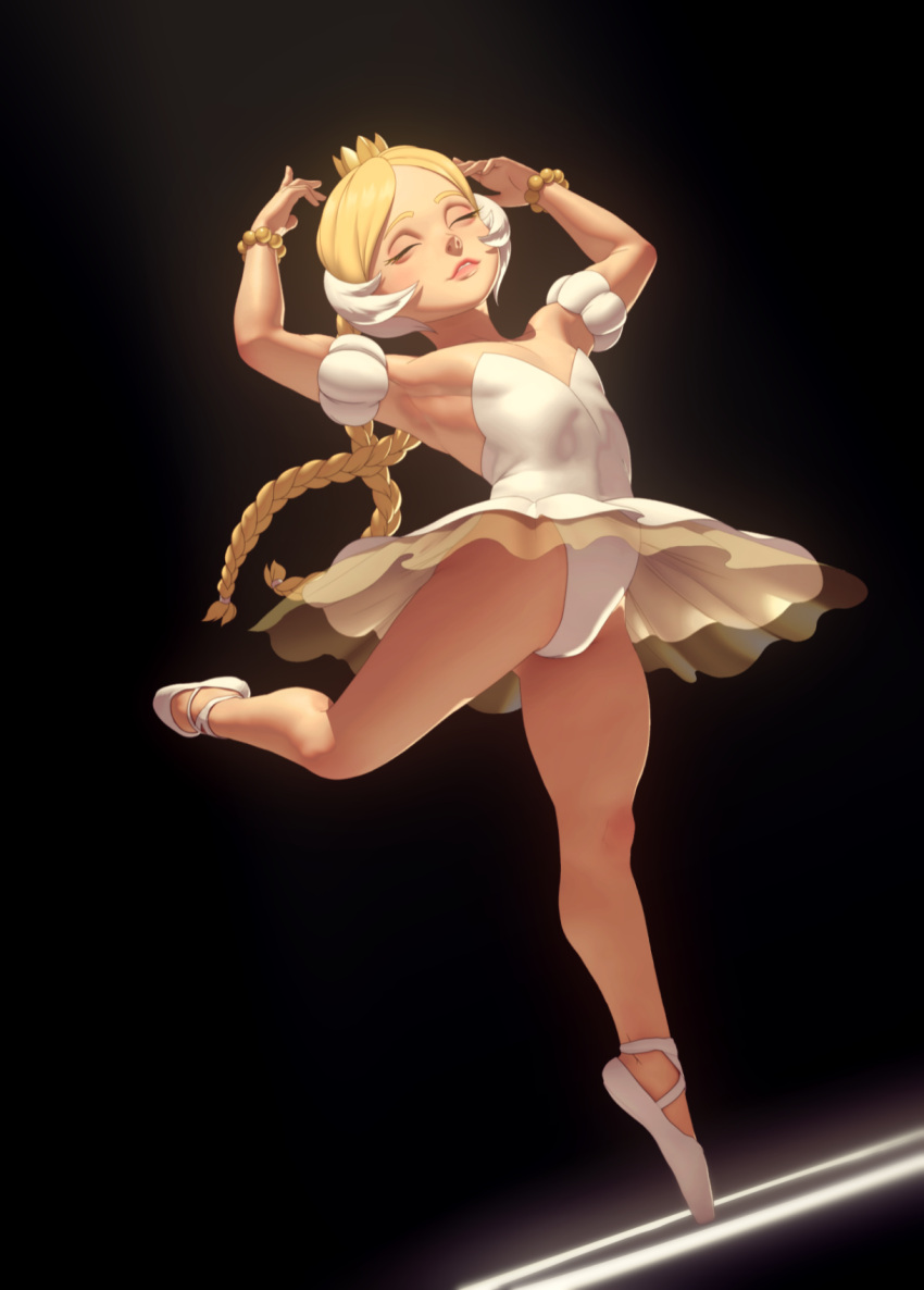 1girl arms_up ballerina ballet_dress ballet_slippers blonde_hair bracelet braid crown dutch_angle en_pointe flat_chest highres jewelry john_doe leotard lips long_hair mini_crown original solo strapless strapless_leotard twin_braids