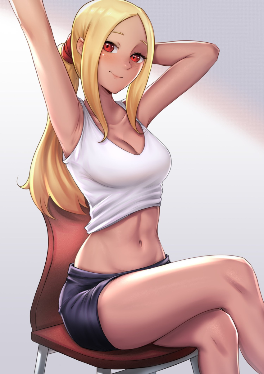 1girl armpits arms_behind_head black_showgirl_skirt blonde_hair breasts chair cleavage closed_mouth collarbone cowboy_shot dark-skinned_female dark_skin dusty_(gravity_daze) english_commentary eyebrows eyelashes forehead gradient gradient_background gravity_daze highres kitten_(gravity_daze) knees_together_feet_apart koarujpg long_hair looking_at_viewer midriff navel petite pointy_nose ponytail red_eyes shirt shorts sidelocks simple_background sitting smile solo stomach tan tied_hair white_shirt