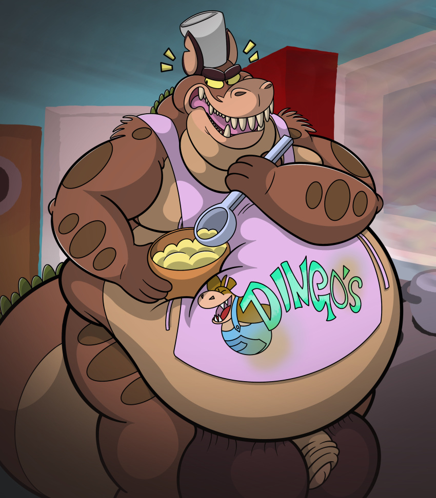 2022 absurd_res activision anthro apron apron_only balls belly big_balls big_belly bowl chef_hat chipped_ear clothing container crash_bandicoot_(series) crocodilian cutlery dingodile fangs foreskin genitals hat headgear headwear hi_res holding_bowl holding_container holding_object holding_spoon huge_balls hybrid hyper hyper_balls hyper_genitalia inside kitchen_utensils looking_back male mostly_nude obese obese_anthro obese_male open_mouth overweight overweight_anthro overweight_male penis reptile scalie sewergator solo spoon teeth text tongue tools video_games
