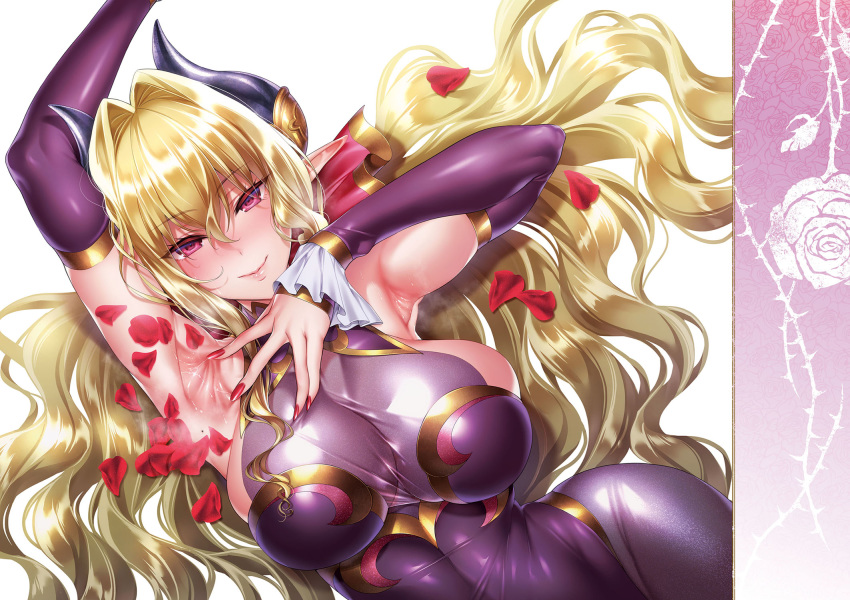 1girl armpits blush breasts closed_mouth detached_sleeves dress fingernails hair_between_eyes hair_intakes hair_spread_out hands_up highres hizuki_akira horn_ornament horns large_breasts long_hair looking_at_viewer nail_polish original pantyhose pink_eyes pointy_ears purple_dress purple_legwear red_nails simple_background skin_tight smile solo spread_armpit stitched sweat white_background