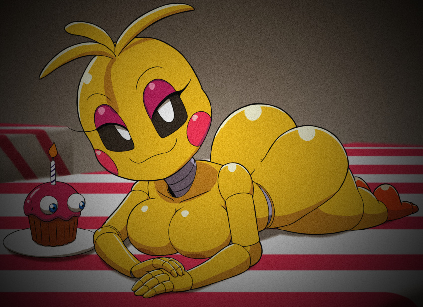 animatronic anthro areola avian bedroom_eyes big_breasts big_butt bird blue_eyes blush blush_stickers bodily_fluids breasts butt candle chicken cupcake cupcake_(fnaf) female five_nights_at_freddy's five_nights_at_freddy's_2 food galliform gallus_(genus) hi_res looking_at_viewer lying machine narrowed_eyes nude on_front phasianid plate robot scottgames seductive smile solo sweat tansau toy_chica_(fnaf) video_games white_eyes yellow_body