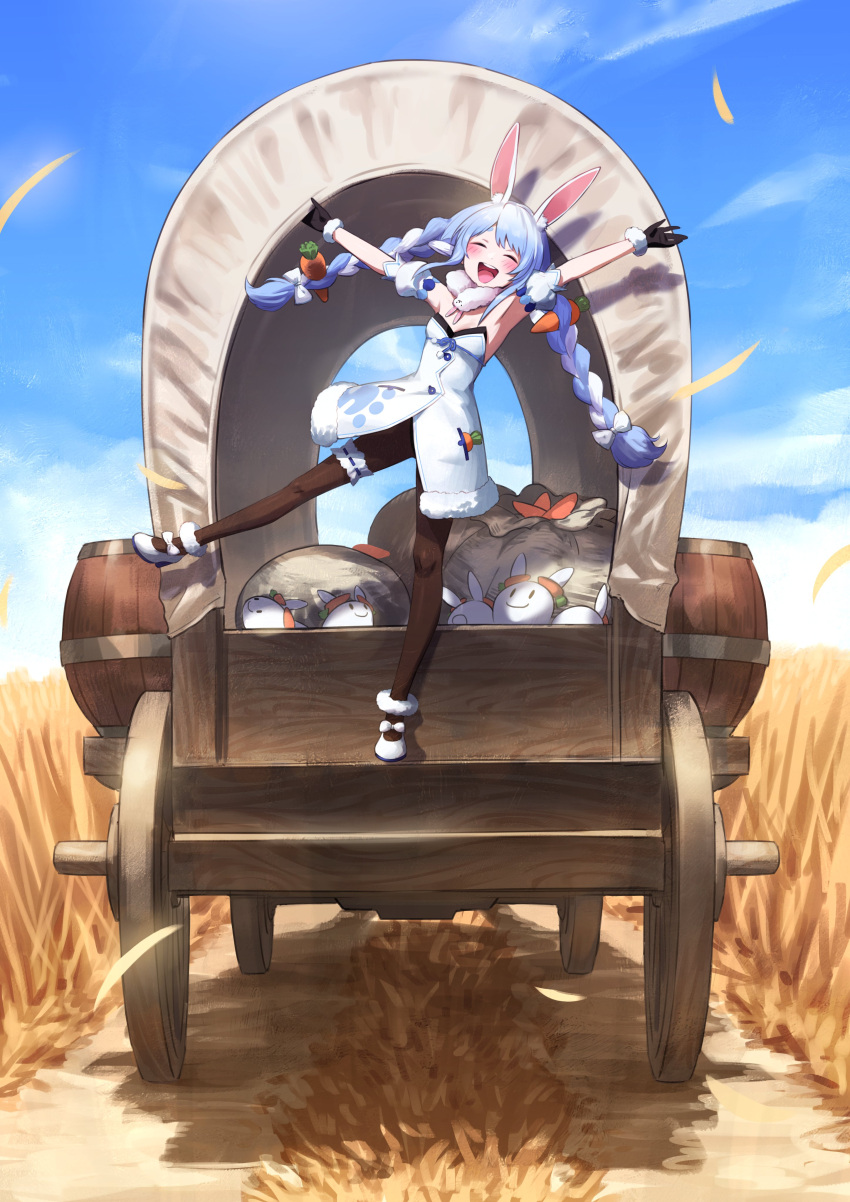 1girl :d absurdres animal_ear_fluff animal_ears arms_up bangs black_gloves blue_hair bow braid brown_legwear carriage carrot_hair_ornament closed_eyes commentary_request covered_wagon day detached_sleeves don-chan_(usada_pekora) dress food-themed_hair_ornament full_body fur_scarf gloves hair_bow hair_ornament highres hololive leg_garter nemoto_yuuma nousagi_(usada_pekora) outdoors pantyhose puffy_short_sleeves puffy_sleeves rabbit_ears round_teeth shoes short_sleeves smile solo standing standing_on_one_leg strapless strapless_dress teeth thick_eyebrows twin_braids twintails upper_teeth usada_pekora virtual_youtuber wheat_field white_bow white_dress white_footwear white_hair