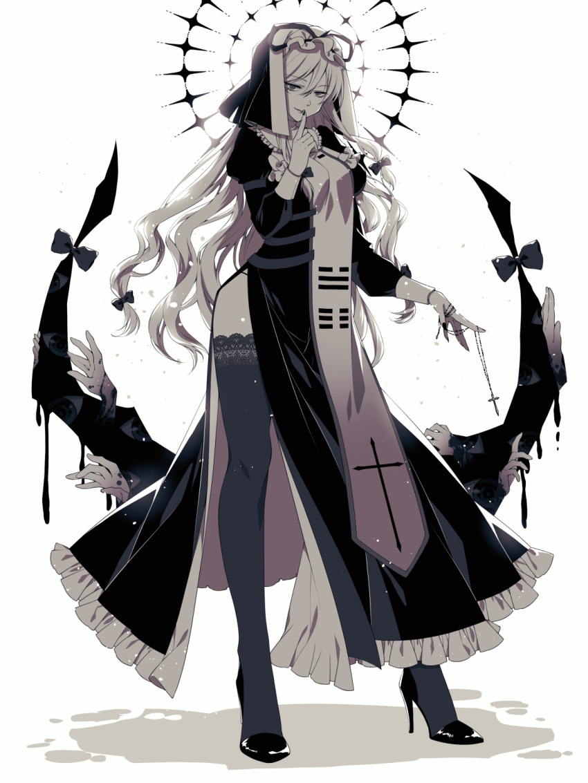 1girl alternate_costume backlighting bangs black_dress black_nails blood bow breasts closed_mouth collar commentary_request cross cross_necklace cross_print dress extra_eyes eyebrows_visible_through_hair finger_to_mouth fingernails frilled_collar frills full_body gap_(touhou) greyscale hair_between_eyes hair_bow hair_ribbon half-closed_eyes halo head_tilt high_heels highres jewelry juliet_sleeves kirisita lace-trimmed_legwear lace_trim large_breasts light_particles long_hair long_sleeves looking_at_viewer monochrome multiple_hands necklace nun pale_skin petticoat puffy_long_sleeves puffy_sleeves reaching ribbon sharp_fingernails shiny shiny_hair shushing side_slit simple_background solo tabard thighhighs thong touhou trigram veil very_long_hair white_background yakumo_yukari