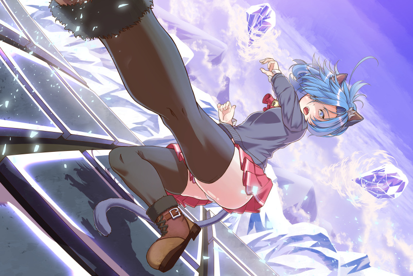 1girl animal_ears ascot blazer blue_eyes blue_hair boots cat_ears cat_tail highres jacket long_sleeves one_step_from_eden pleated_skirt selicy_(one_step_from_eden) short_hair skirt solo tail thighhighs til_(tilpim) uniform