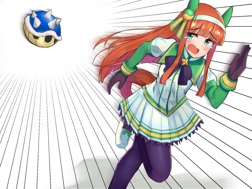 1girl animal_ears black_gloves black_legwear blue_shell common_race_outfit_(umamusume) ear_covers feet_out_of_frame gloves green_eyes green_sailor_collar hairband highres hime_cut horse_ears horse_girl horse_tail mario_(series) orange_hair pantyhose pleated_skirt sabun_shikkaku sailor_collar shirt silence_suzuka_(umamusume) skirt solo speed_lines spiked_shell tail tears turtle_shell umamusume white_hairband white_shirt white_skirt