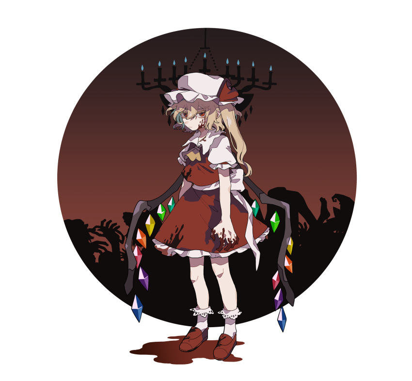 1girl absurdres ascot back_bow bangs blonde_hair blood blood_on_clothes blood_on_face blood_on_hands bobby_socks bow closed_mouth commentary_request crystal damenaito expressionless flandre_scarlet frilled_shirt frilled_shirt_collar frilled_skirt frilled_sleeves frills full_body hair_between_eyes hat hat_ribbon highres looking_at_viewer medium_hair mob_cap one_side_up puffy_short_sleeves puffy_sleeves red_bow red_eyes red_footwear red_ribbon red_skirt red_vest ribbon shirt shoes short_sleeves skirt socks solo touhou vest white_background white_bow white_legwear white_shirt wings yellow_ascot