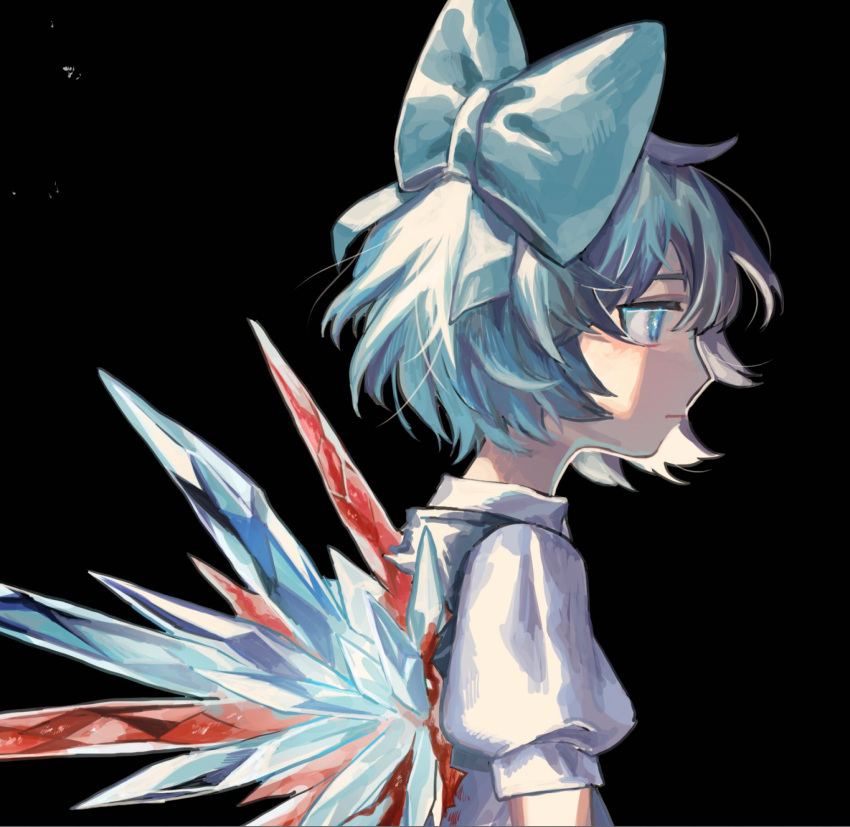 1girl :| black_background blood blood_on_clothes blue_bow blue_eyes blue_hair blue_ribbon blue_vest bow cirno closed_mouth crystal damenaito eyebrows_behind_hair from_side hair_bow hair_ribbon highres ice looking_afar ribbon shirt short_hair short_sleeves simple_background sleeve_cuffs solo touhou upper_body vest white_shirt