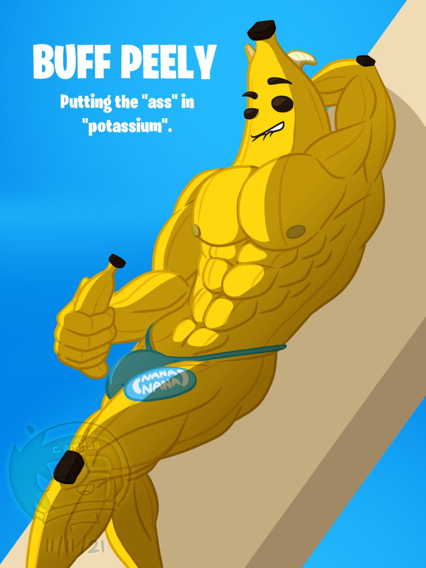 2021 abs banana biceps big_bulge bite biting_lip bulge clothed clothing digital_media_(artwork) elemental_creature english_text epic_games flora_fauna food food_creature food_humanoid fortnite fruit hi_res holding_banana holding_food holding_object humanoid humor iwtbat living_fruit male muscular muscular_humanoid muscular_male muscular_thighs nipples pecs peely pinup plant pose quads solo text thong thong_only underwear underwear_only video_games watermark