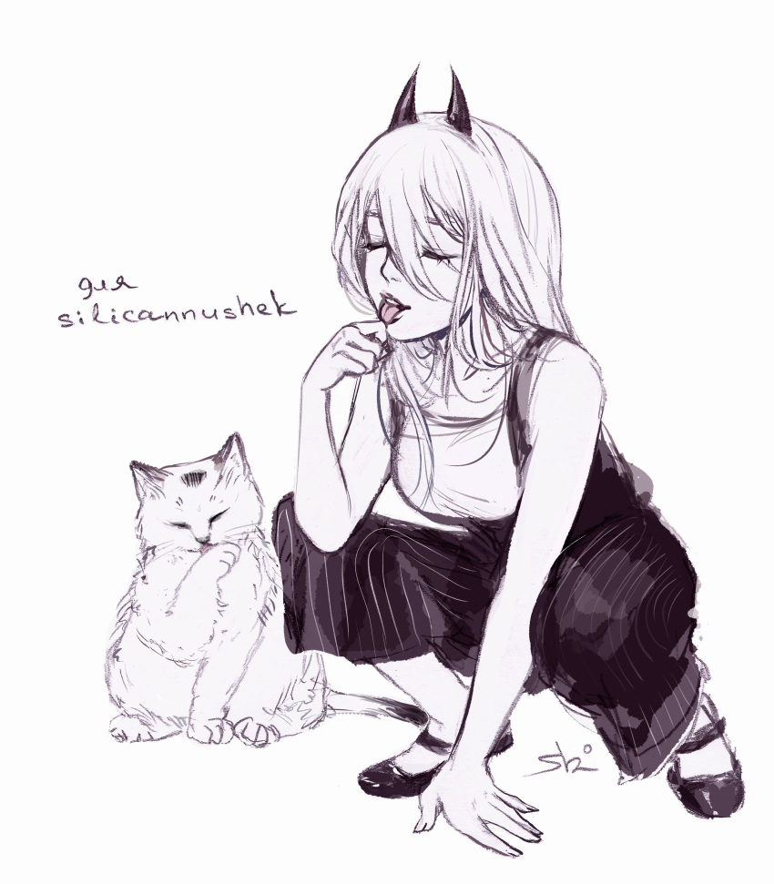 1girl absurdres bag cat chainsaw_man closed_eyes dress_pants fingernails flats highres horns licking licking_finger licking_paw long_hair monochrome nose power_(chainsaw_man) simple_background squatting svveetberry tank_top white_cat