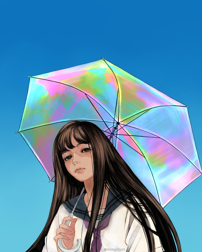 1girl absurdres artist_name bangs black_eyes black_hair black_sailor_collar blue_sky highres holding holding_umbrella iridescent long_hair looking_at_viewer mimuillust neckerchief original purple_neckerchief sailor_collar school_uniform serafuku shadow shirt sky solo umbrella upper_body white_shirt