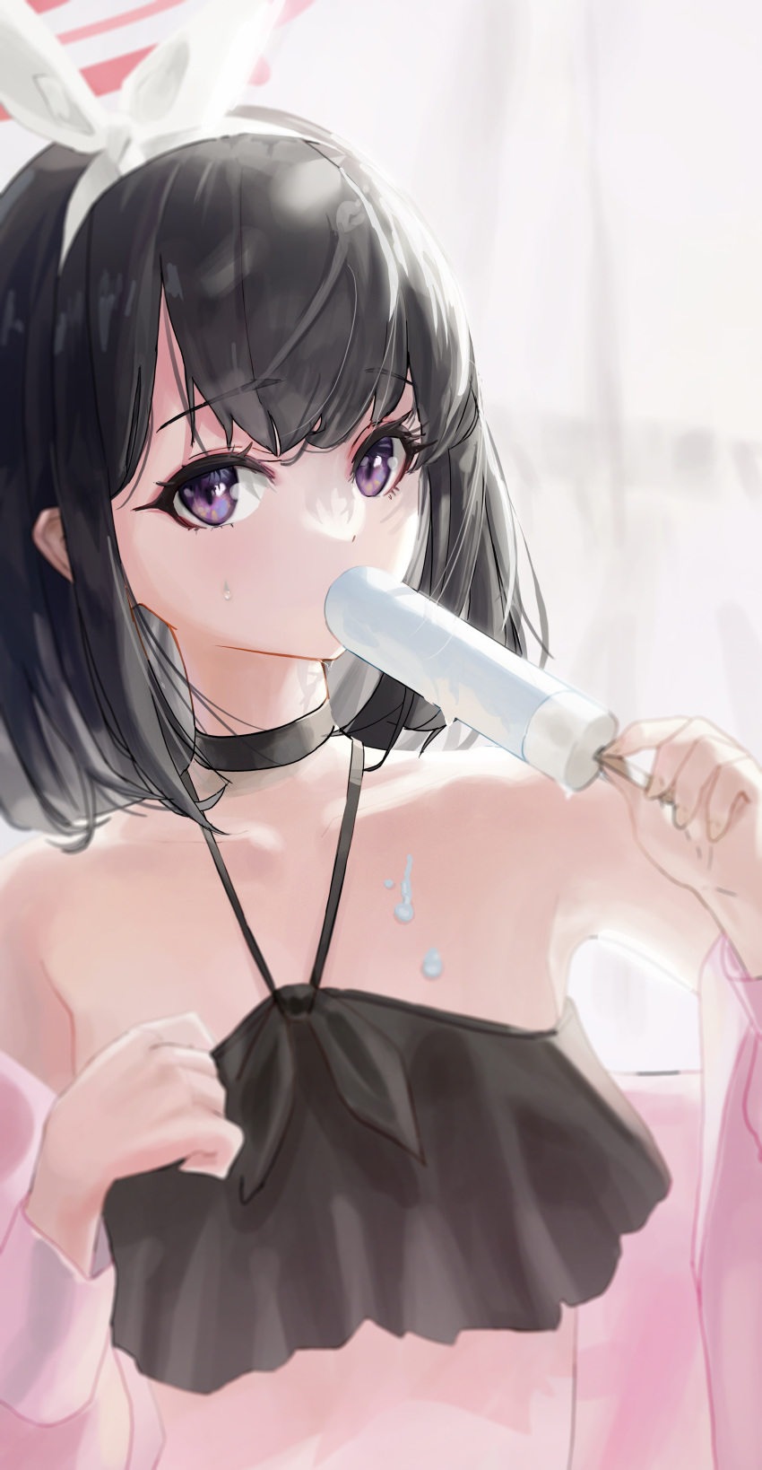 1girl absurdres bangs bikini black_hair blue_archive blurry blurry_background bow bow_hairband covered_mouth depth_of_field eyebrows_visible_through_hair food food_on_body frilled_bikini frills hairband halo highres holding holding_food jacket jacket_over_swimsuit light_blush looking_at_viewer mashiro_(blue_archive) off_shoulder open_clothes open_jacket pink_jacket popsicle purple_eyes serie_niai short_hair solo sweat swimsuit upper_body white_bow white_hairband