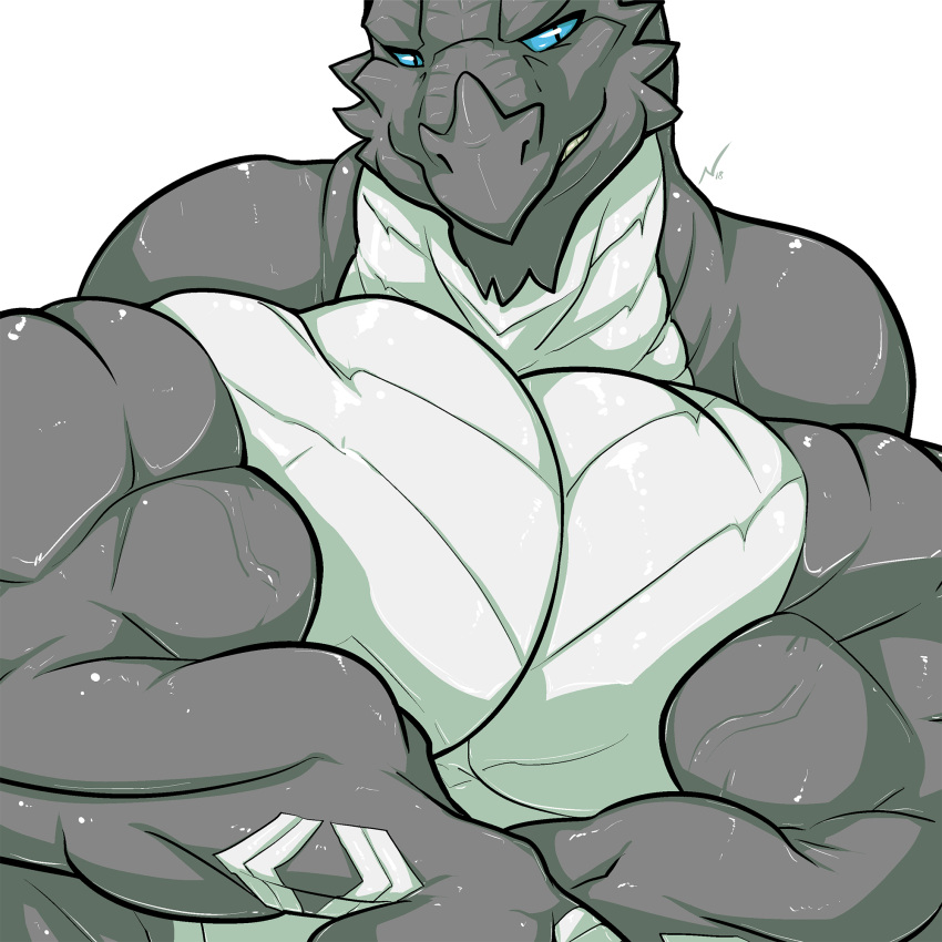 anthro big_muscles blue_eyes claws danandnite digital_media_(artwork) dominant dragon front_view grey_body grin hi_res huge_muscles hyper hyper_muscles kardukk kobold male multicolored_body muscular pecs pose raised_claws reptile scalie shaded signature smile solo standing teeth two_tone_body white_body