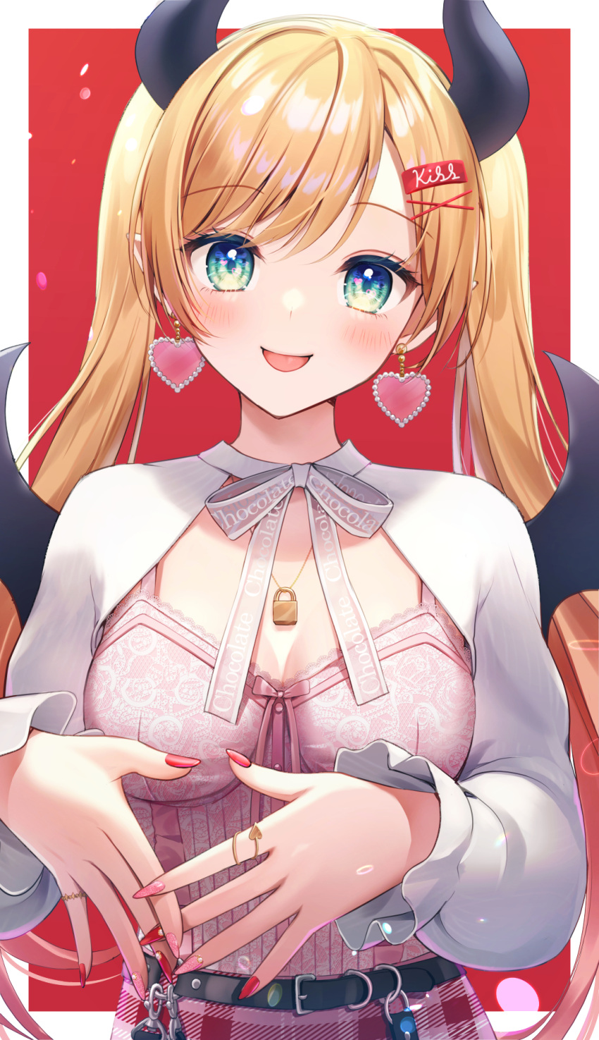 1girl :d bangs blonde_hair blush breasts cleavage commentary_request demon_girl demon_horns demon_wings dress earrings eyebrows_visible_through_hair fingernails green_eyes hair_ornament hairclip head_tilt heart heart_earrings highres hololive horns jewelry lock long_fingernails long_hair long_sleeves looking_at_viewer medium_breasts momoshiki_tsubaki padlock pink_dress pink_nails puffy_long_sleeves puffy_sleeves red_background red_nails sharp_fingernails shrug_(clothing) smile solo twintails two-tone_background upper_body very_long_hair virtual_youtuber white_background wings x_hair_ornament yuzuki_choco
