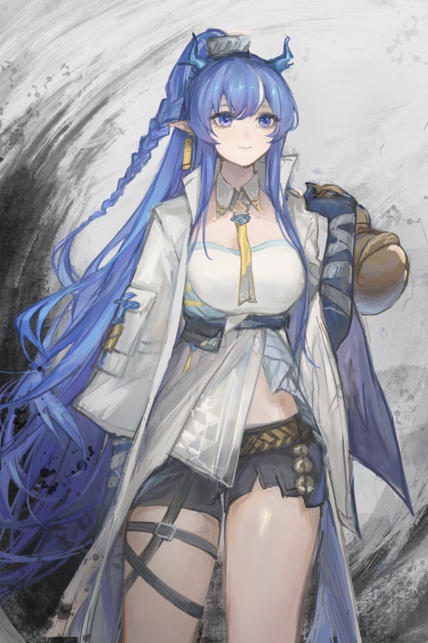 1girl arknights arm_tattoo black_shorts black_skin blue_eyes blue_hair braid braided_ponytail coat collar colored_skin cowboy_shot detached_sleeves dragon_horns fuyuyu-pon grey_background hair_between_eyes highres holding horns ling_(arknights) long_hair necktie open_clothes open_coat pointy_ears shirt shorts sidelocks smile solo tattoo very_long_hair white_coat white_collar white_shirt yellow_necktie