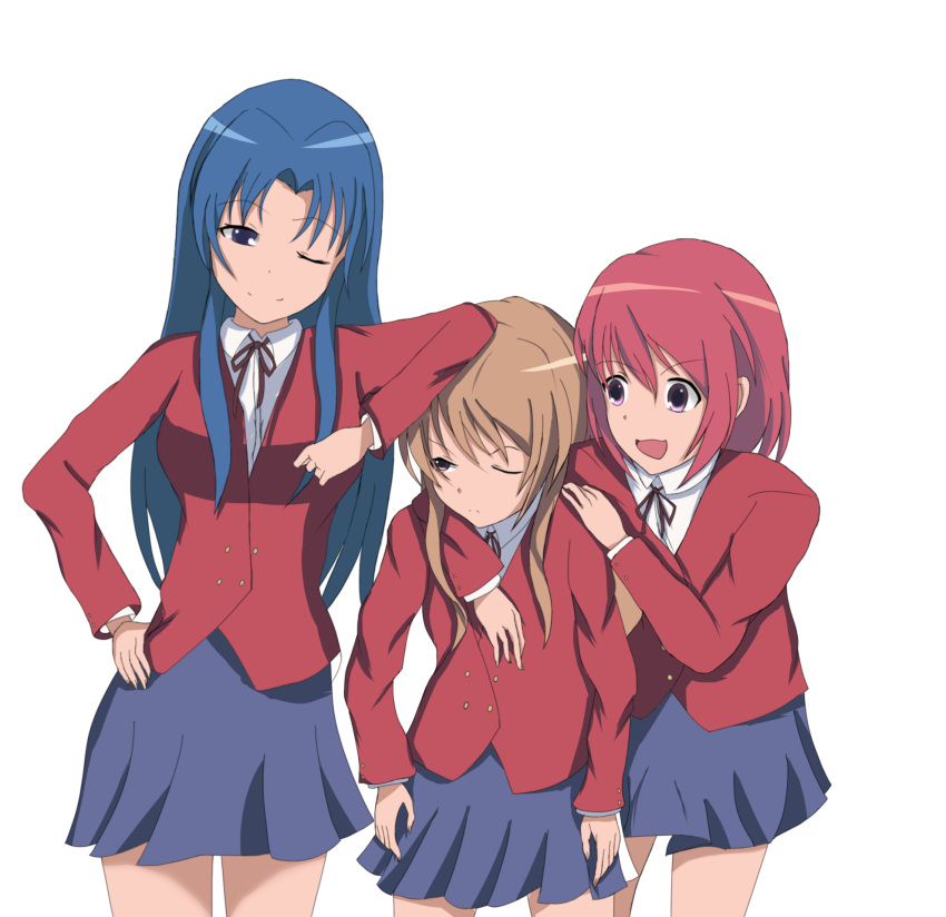 3girls aisaka_taiga artist_request blazer blue_eyes blue_hair blue_skirt brown_eyes brown_hair buttons closed_mouth collared_shirt commentary_request double-breasted elbow_on_another's_head highres hug jacket kawashima_ami kushieda_minori long_hair long_sleeves looking_at_another medium_hair multiple_girls neck_ribbon one_eye_closed oohashi_high_school_uniform open_mouth purple_eyes red_hair red_jacket red_ribbon ribbon school_uniform shirt simple_background skirt split_mouth toradora! white_background white_shirt