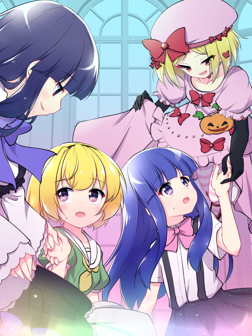 bangs black_dress black_gloves black_hairband black_skirt blonde_hair blunt_bangs bow collared_shirt dress frederica_bernkastel furude_rika gloves green_dress hairband hazumi_otoya highres higurashi_no_naku_koro_ni hime_cut houjou_satoko juliet_sleeves lambdadelta long_hair long_sleeves neckerchief pink_bow pink_dress pink_headwear puffy_sleeves pumpkin purple_eyes purple_hair red_eyes sailor_collar sailor_dress shirt short_hair sidelocks skirt suspender_skirt suspenders umineko_no_naku_koro_ni white_sailor_collar white_shirt