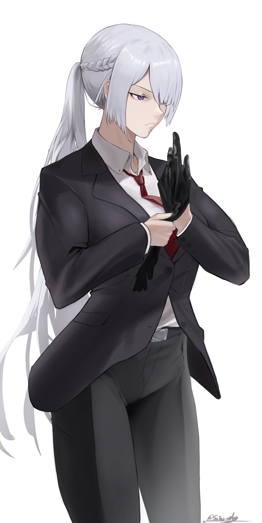 1girl absurdres ak-15_(girls'_frontline) artist_name bangs belt black_belt black_gloves black_jacket black_pants black_suit blazer braid closed_mouth collared_shirt cowboy_shot dress_shirt eyebrows_visible_through_hair feet_out_of_frame french_braid girls'_frontline gloves hair_between_eyes hair_over_one_eye high-waist_pants highres jacket long_hair looking_away necktie official_alternate_costume pants parted_bangs ponytail purple_eyes putting_on_gloves red_necktie saturndxy shirt shirt_tucked_in side_braid silver_hair sleeves_folded_up solo standing veins white_background white_shirt
