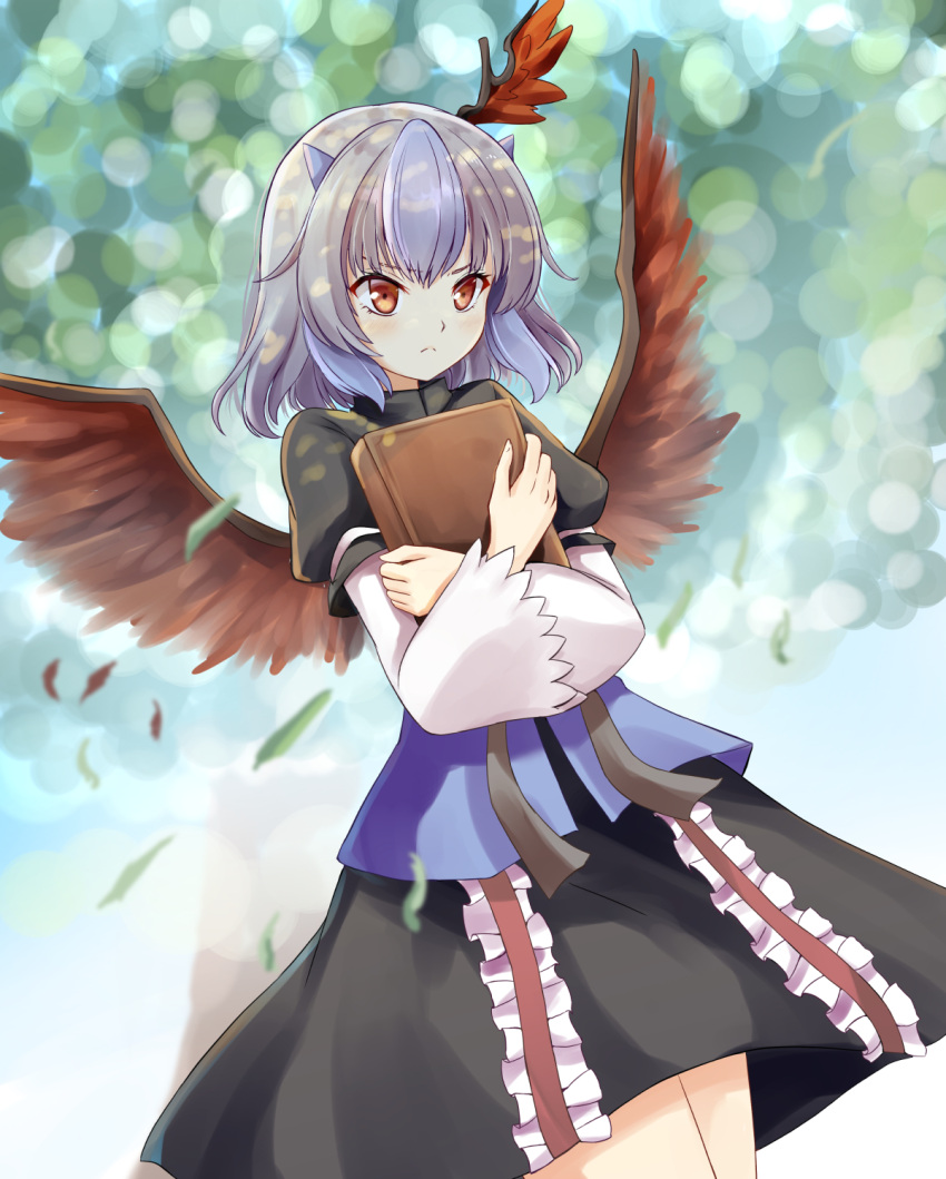 1girl bangs bird_wings black_skirt blue_hair blurry blurry_background book closed_mouth frown grey_hair head_wings highres holding holding_book horns kachuten leaf long_sleeves multicolored_hair outdoors red_eyes red_wings short_hair single_head_wing skirt solo tokiko_(touhou) touhou tree two-tone_hair wings