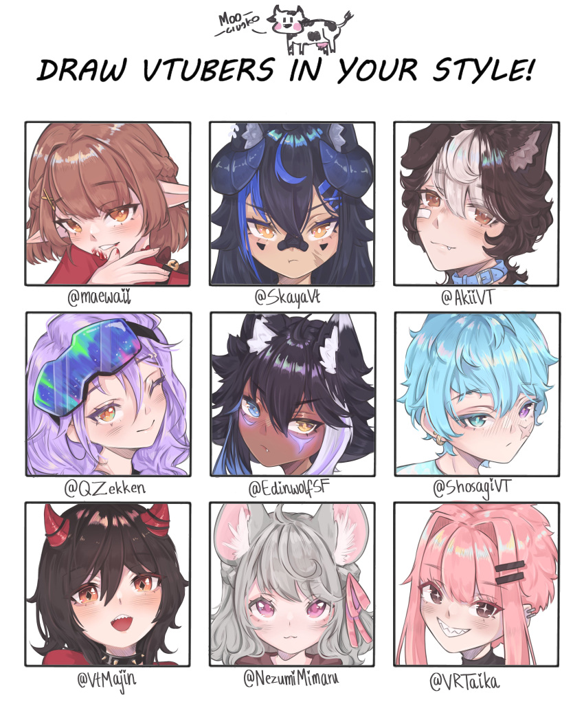 3boys 6+girls absurdres akii_(vtuber) androgynous animal_ears black_hair blue_eyes blue_hair blush brown_eyes brown_hair demon demon_boy demon_horns dog_boy dog_ears dragon_girl dragon_horns earrings edinwolf fox_ears fox_girl goggles grey_hair highres horns indie_virtual_youtuber jewelry ken_majin maewaii miunee mouse_ears mouse_girl multicolored_hair multiple_boys multiple_girls nezumi_mimaru one_eye_closed pale_skin pink_hair pointy_ears purple_eyes purple_hair scar scar_on_face sharp_teeth shosagi skaya_(vtuber) smile taika_(vtuber) teeth vampire vdonburi virtual_youtuber white_hair wolf_ears wolf_girl yellow_eyes zekken_q