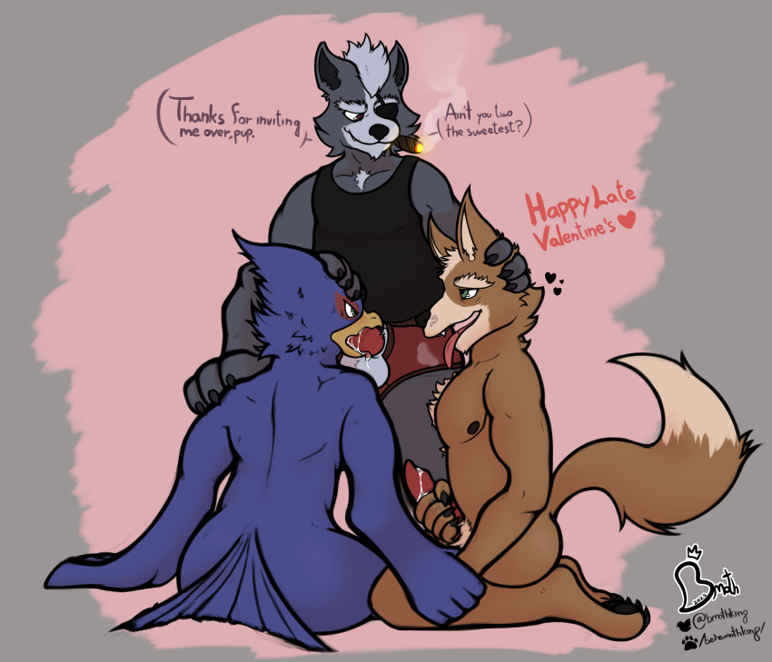 &lt;3 absurd_res anthro behemothking breath chest_tuft cigar clothing dialogue eye_contact falco_lombardi fellatio foot_on_shoulder fox_mccloud group group_sex hand_holding hi_res holding_head kneeling kneeling_oral_position looking_at_another looking_down_at_partner male male/male masturbation nintendo nipples nude oral panting penile raised_tail sex shirt simple_background smoking smoking_tobacco speech_bubble star_fox tank_top topwear tuft underwear video_games voyeur watermark wolf_o'donnell