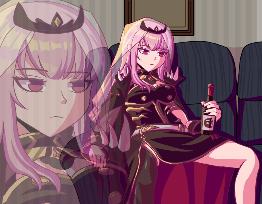1girl bottle couch death-sensei_(mori_calliope) depressed dress hololive hololive_english long_hair looking_afar meme mori_calliope on_couch pink_eyes pink_hair redlettermedia rich_evans single_thighhigh sitting slouching solo thighhighs tiara veil virtual_youtuber wine_bottle zetxune zoom_layer