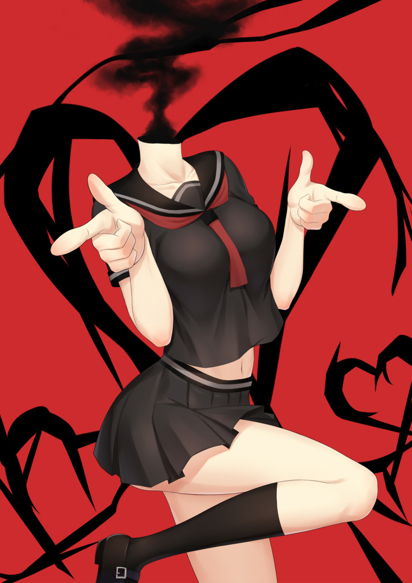 1girl alternate_costume anarchojs black_footwear black_legwear black_shirt black_skirt breasts celty_sturluson collarbone dullahan durarara!! finger_gun hands_up headless heart heart_background highres knee_up kneehighs medium_breasts midriff miniskirt navel neckerchief neckerchief_between_breasts pleated_skirt pointing pointing_at_viewer red_background red_neckerchief school_uniform serafuku shirt shoes short_sleeves skirt smoke solo standing standing_on_one_leg stomach thighs