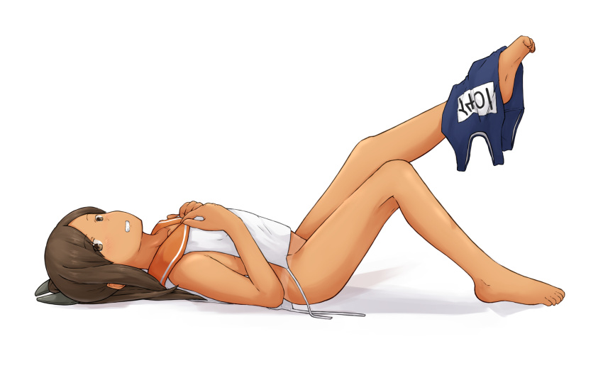1girl barefoot blue_swimsuit bottomless brown_eyes brown_hair chagamaka full_body grin hair_ornament hairclip highres i-401_(kancolle) kantai_collection long_hair looking_at_viewer lying naked_shirt name_tag orange_sailor_collar ponytail sailor_collar school_swimsuit shirt short_ponytail side-tie_shirt simple_background sleeveless sleeveless_shirt smile solo swimsuit swimsuit_removed tan tanlines white_background