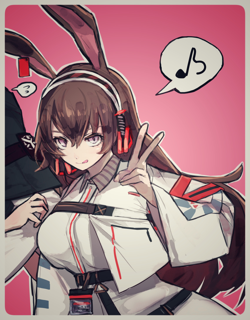 1girl 1other :q absurdres animal_ears april_(arknights) arknights border breasts brown_hair coat comrade_stalin grey_border hair_between_eyes hairband hand_up highres id_card large_breasts locked_arms long_hair looking_at_viewer musical_note out_of_frame pink_background purple_eyes rabbit_ears solo_focus speech_bubble spoken_musical_note spoken_sweatdrop sweatdrop tongue tongue_out upper_body v very_long_hair white_coat