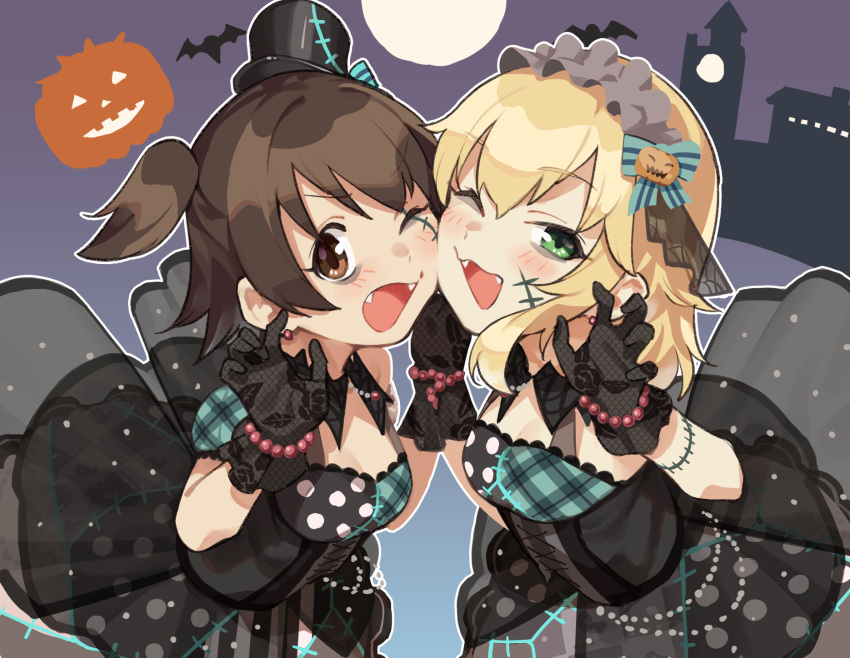 2girls ;3 ;d akagi_miria aqua_bow aqua_sleeves asymmetrical_sleeves bags_under_eyes bat black_dress black_gloves black_hairband black_headwear blonde_hair blush bow bracelet breasts brown_eyes brown_hair cheek-to-cheek cheek_press claw_pose cleavage clock clock_tower cross-laced_clothes detached_collar detached_sleeves dress earrings eyebrows_visible_through_hair facepaint facial_mark fangs floral_print from_side full_moon gloves green_eyes grey_hairband hair_between_eyes hair_bow hair_ornament hairband halloween_costume hat heads_together highres holding_hands horizontal_stripes idolmaster idolmaster_cinderella_girls interlocked_fingers jack-o'-lantern jack-o'-lantern_hair_ornament jewelry lace lace_gloves leaning_forward lolita_hairband looking_at_viewer looking_to_the_side matching_outfit mini_hat mini_top_hat mismatched_sleeves moon muchi_maro multiple_girls narrowed_eyes night off-shoulder_dress off_shoulder one_eye_closed open_mouth outdoors outline patterned patterned_clothing pearl_bracelet plaid plaid_sleeves pleated_dress polka_dot polka_dot_dress print_gloves puffy_short_sleeves puffy_sleeves pumpkin rose_print sakurai_momoka short_hair short_sleeves silhouette small_breasts smile stitches striped striped_bow striped_dress stud_earrings tareme the_villain's_night top_hat tower tsurime two_side_up upper_body v-shaped_eyebrows white_outline