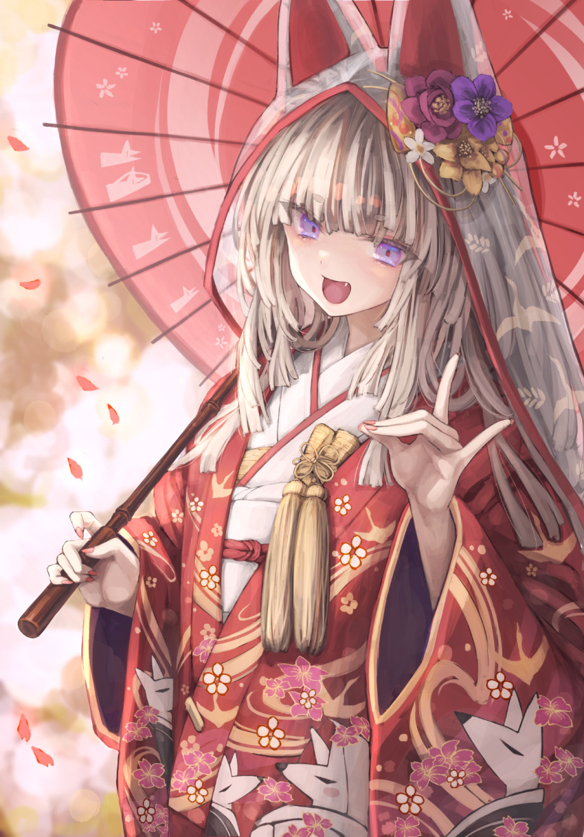 1girl :d animal_hood blurry blurry_background commentary_request copyright_request eyebrows_visible_through_hair falling_petals fang floral_print fox_hood fox_print fox_shadow_puppet hand_up highres holding holding_umbrella hood japanese_clothes kimono looking_at_viewer oil-paper_umbrella open_mouth osabachan petals purple_eyes red_nails smile solo standing thick_eyebrows umbrella upper_body