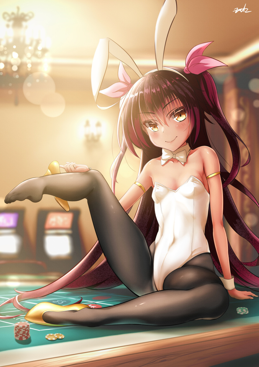 1girl absurdres animal_ears bangs black_hair black_legwear blush bow bowtie breasts dark-skinned_female dark_skin detached_collar feet fritz614 full_body gold_footwear highres leotard long_hair looking_at_viewer master_nemesis pantyhose playboy_bunny poker_chip poker_table rabbit_ears roulette_table shoe_removed shoes single_shoe sitting small_breasts solo strapless strapless_leotard to_love-ru to_love-ru_darkness twintails very_long_hair white_bow white_bowtie white_leotard wrist_cuffs yellow_eyes