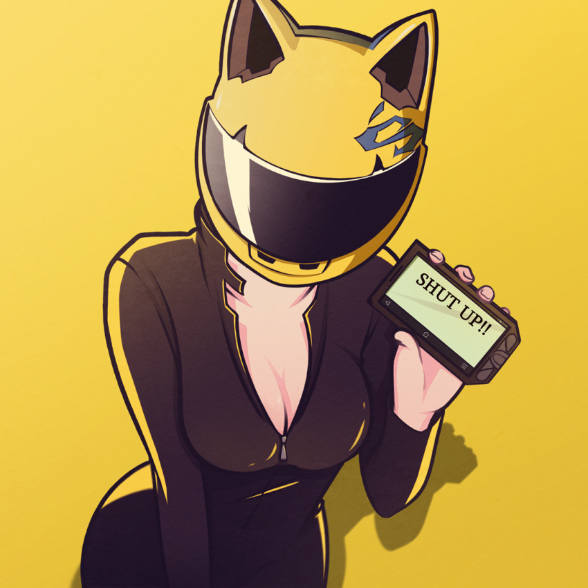 1girl animal_ears biker_clothes bikesuit black_bodysuit bodysuit breasts cat_ears cellphone celty_sturluson cleavage dullahan durarara!! english_text from_above hand_up helmet holding holding_phone looking_at_viewer medium_breasts monokarumaru motorcycle_helmet partially_unzipped phone phone_screen simple_background smartphone solo upper_body visor yellow_background yellow_headwear zipper_pull_tab