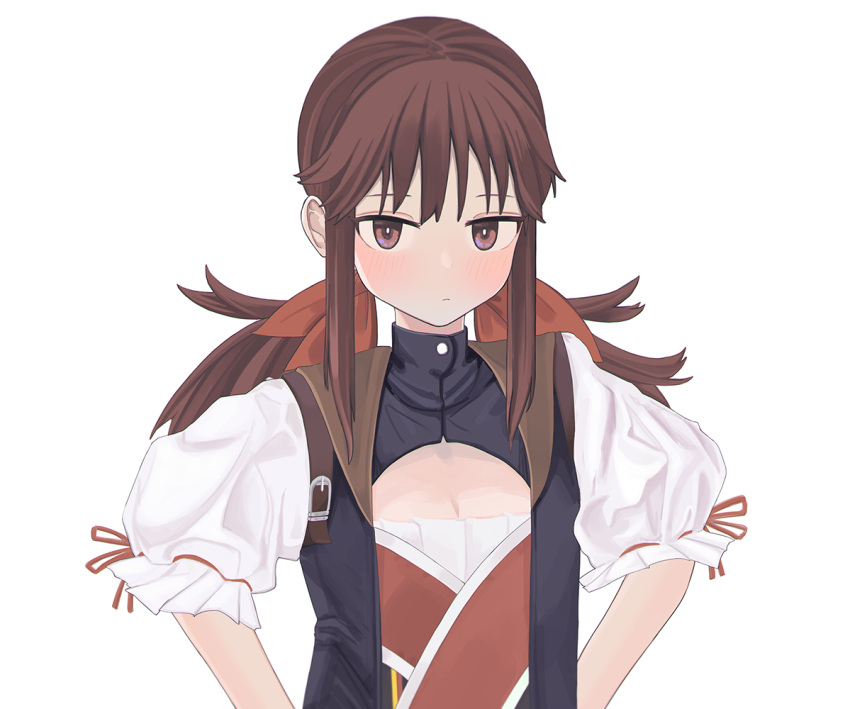 1girl bangs blush brown_hair closed_mouth commentary_request dress falcon_(girls'_frontline) girls'_frontline long_hair red_eyes ribbon saiy0u sidelocks simple_background solo upper_body white_background