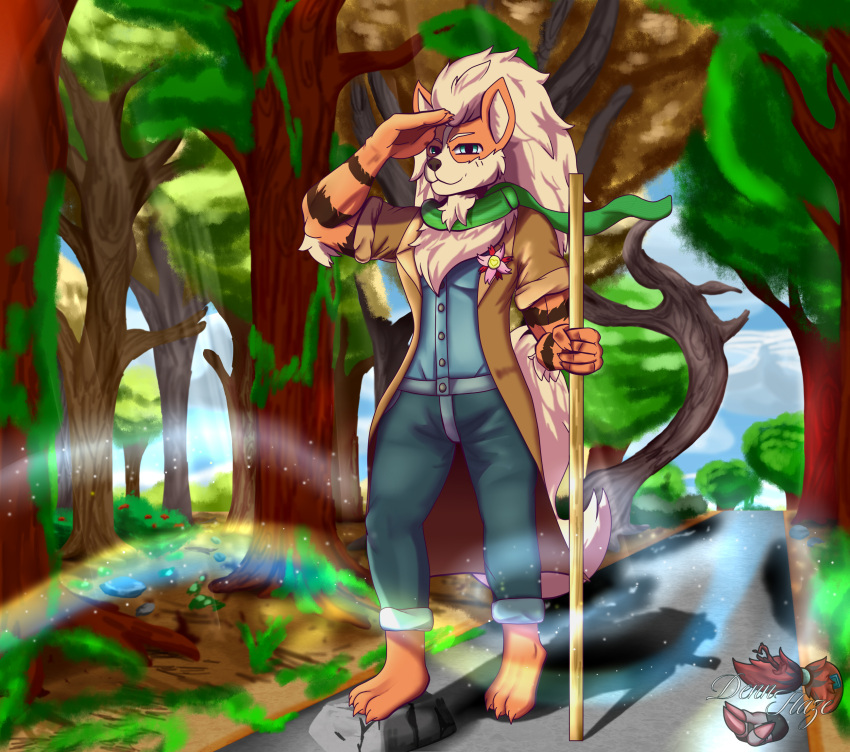 2022 anthro arcanine barefoot blue_eyes brooch chest_tuft clothing dennhaze detailed_background feet forest fur hair hand_on_head hi_res long_hair magic male mane nintendo paws plant pok&eacute;mon pok&eacute;mon_(species) road scarf signature solo striped_body striped_fur stripes tree tuft video_games walking_stick white_mane