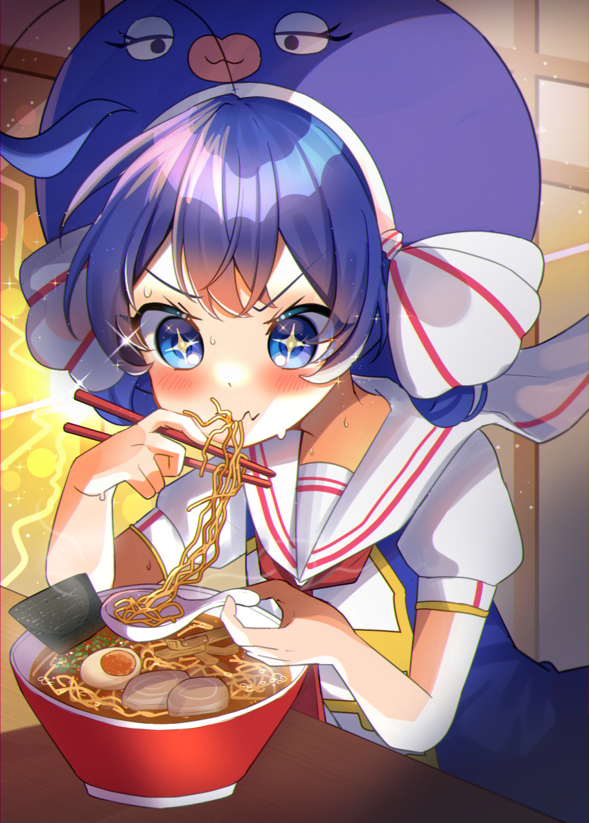 1girl asteroid_stella blue_hair blue_headwear blue_shirt blush bowl chopsticks collared_shirt commentary eating eel_hat egg food highres holding holding_chopsticks holding_spoon large_hat neckerchief noodles nori_(seaweed) otomachi_una ramen red_neckerchief sailor_collar shirt solo sparkle spoon sweat upper_body v-shaped_eyebrows vocaloid