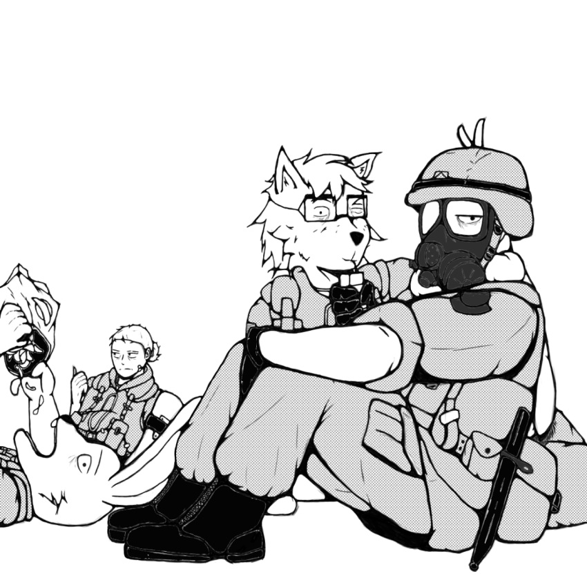 anthro calhoun_(wartorn) canid canine clothed clothing deezchief faun_(wartorn) female fur group hair hi_res holding_object human humanoid jackson_vonhue_(wartorn) male mammal monochrome simple_background smile wartorn