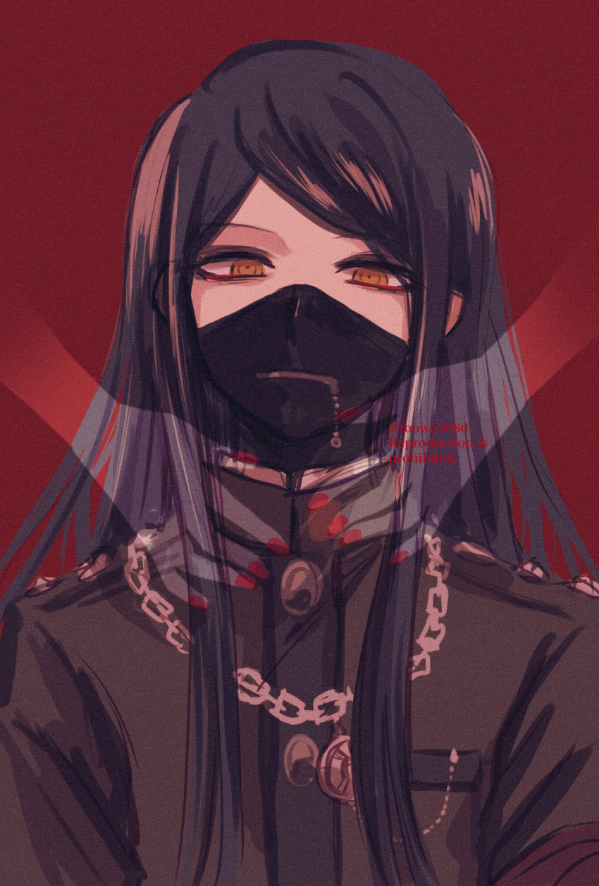 108_(toowa) 1boy bangs black_hair breast_pocket brown_eyes brown_jacket chain danganronpa_(series) danganronpa_v3:_killing_harmony highres invisible jacket long_hair looking_at_viewer mask mouth_mask pocket red_background red_nails shinguuji_korekiyo shiny shiny_hair solo upper_body watermark