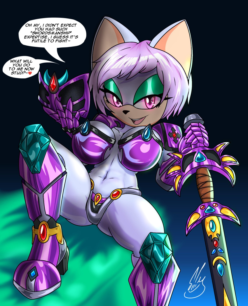 2022 abs ambiguous_species anthro barely_sly blue_body blue_fur dialogue english_text eyeshadow fan_character female fur gem glowing glowing_eyes hair hi_res looking_at_viewer makeup melee_weapon midriff open_mouth pink_eyes pink_hair sega signature simple_background sitting skimpy_armor solo sonic_the_hedgehog_(series) sword text weapon