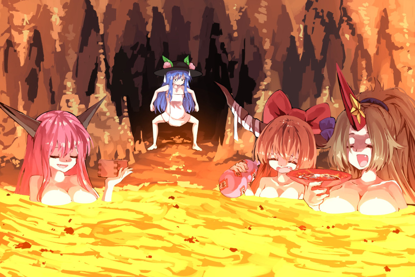 4girls :d ^_^ bangs barefoot bathing beckoning blonde_hair blue_hair bow breasts broom cave cleavage closed_eyes collarbone commentary_request fang gourd highres hinanawi_tenshi holding holding_broom horn_bow horn_ornament horn_ribbon horns hoshiguma_yuugi ibaraki_douji_(touhou) ibuki_suika long_hair looking_at_another molten_rock multiple_girls naked_towel nude object_on_head oni oni_horns onsen open_mouth orange_hair partially_submerged pink_hair ribbon single_horn smile stalactite stalagmite standing sunnysideup touhou towel