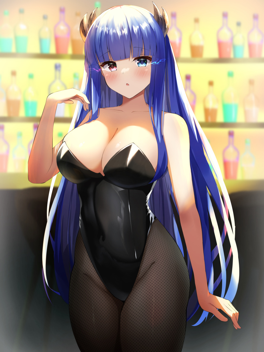 1girl :o absurdres azur_lane bare_shoulders black_leotard blue_eyes blue_hair blush bottle breasts cleavage collarbone commentary_request firin fishnet_legwear fishnets glowing glowing_eyes heterochromia highres horns ibuki_(azur_lane) large_breasts leotard looking_at_viewer multiple_horns pantyhose playboy_bunny red_eyes solo strapless strapless_leotard