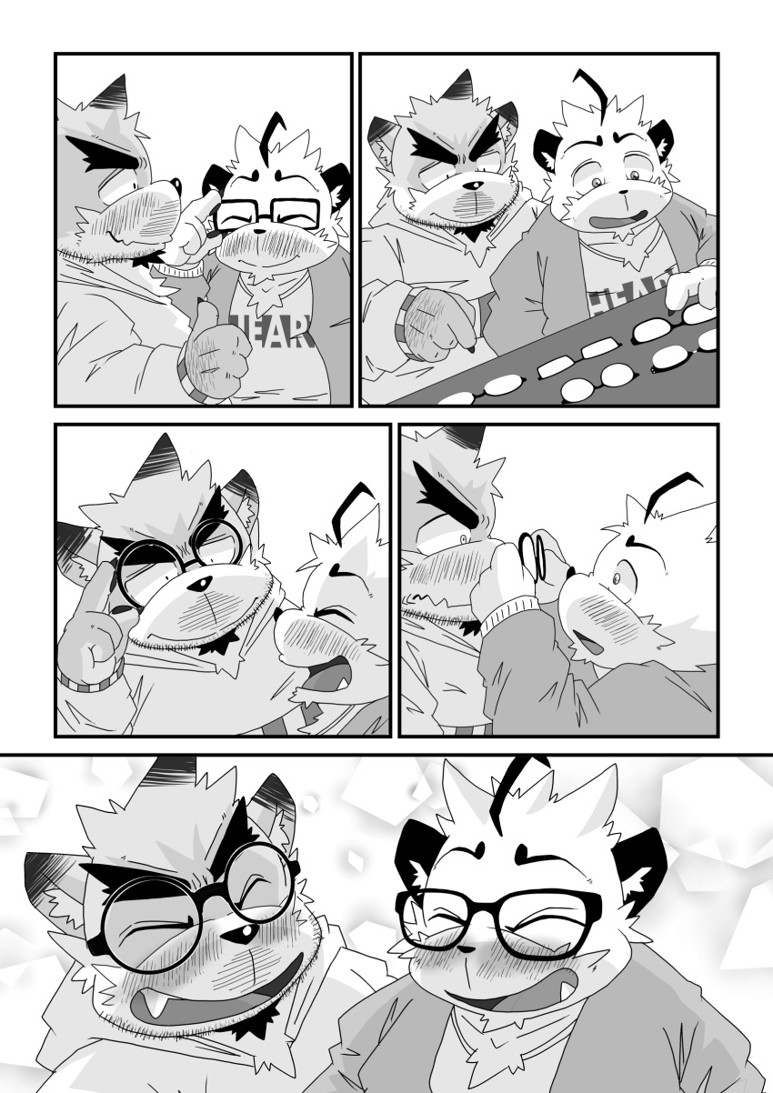 2022 absurd_res anthro blush canid canine canis clothing comic cute_fangs domestic_dog duo eyes_closed eyewear glasses hi_res hoodie hottophoto humanoid_hands kemono male male/male mammal overweight overweight_male shirt topwear