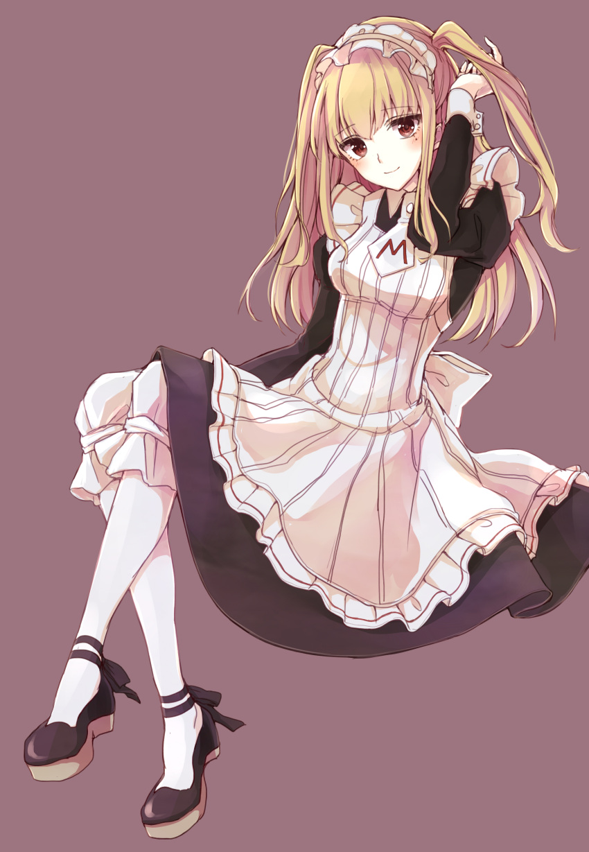 1boy absurdres apron bangs black_footwear blonde_hair blush commentary_request crossdressing eyebrows_visible_through_hair full_body highres kashiwagi_chisame long_hair long_sleeves looking_at_viewer maria_holic mole mole_under_eye otoko_no_ko pantyhose red_eyes shidou_mariya simple_background smile two_side_up white_apron white_legwear