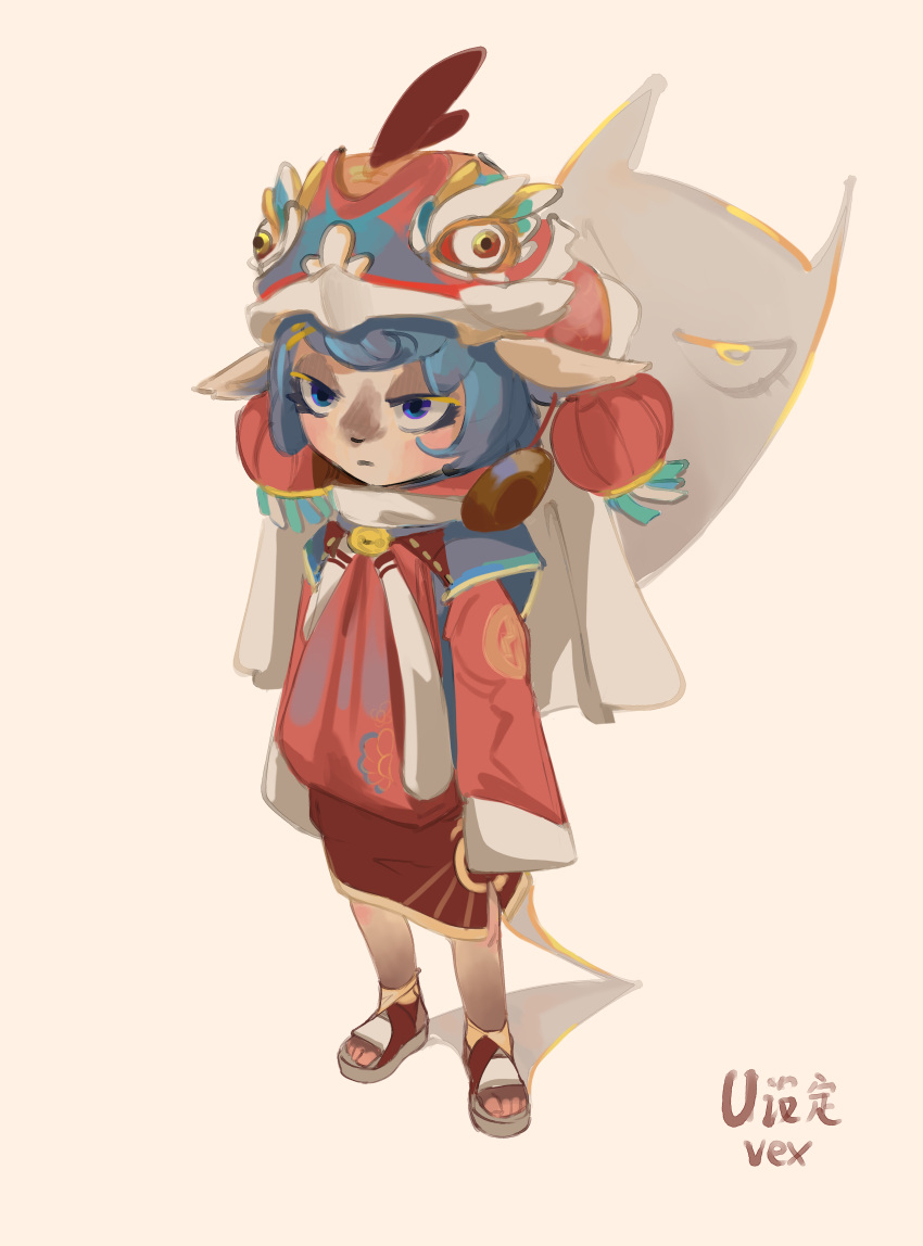 1girl absurdres alternate_costume bangs blue_eyes character_name closed_mouth commentary_request full_body green_hair hair_ornament highres hood hood_up league_of_legends living_shadow long_sleeves sandals short_hair skirt solo_focus standing translation_request vex_(league_of_legends) yordle zhi_shai_er