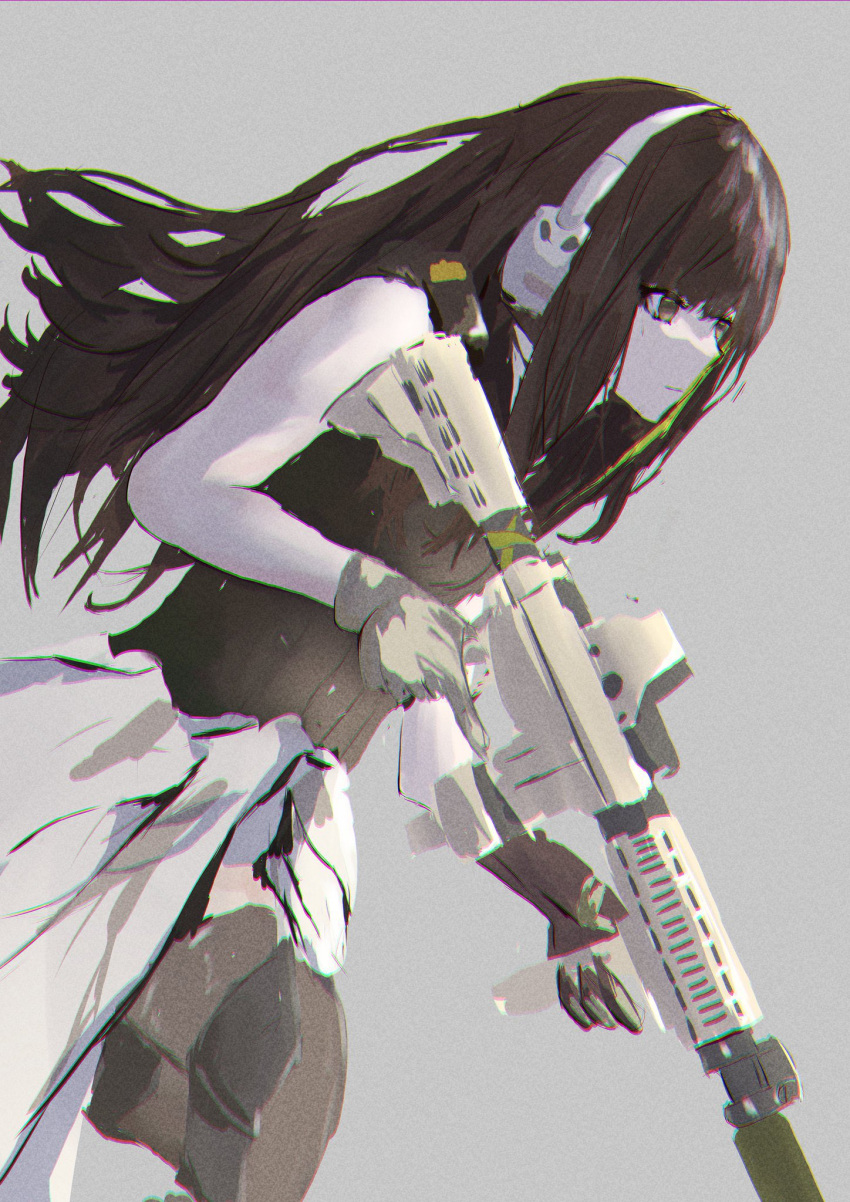 1girl assault_rifle bangs black_scarf brown_eyes brown_gloves brown_hair brown_sweater_vest closed_mouth cup eyebrows_visible_through_hair girls'_frontline gloves grey_background gun headphones highres holding holding_cup long_hair looking_away m4_carbine m4a1_(girls'_frontline) rifle running scarf solo standing sweater_vest weapon wh1te