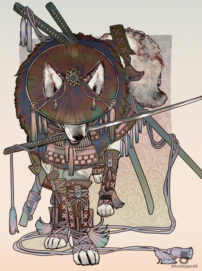 animal armor artist_name commentary_request copyright_request covered_eyes full_body highres japanese_armor japanese_hat katana mouth_hold no_humans standing sword teeth tonbippo08 weapon white_background wolf