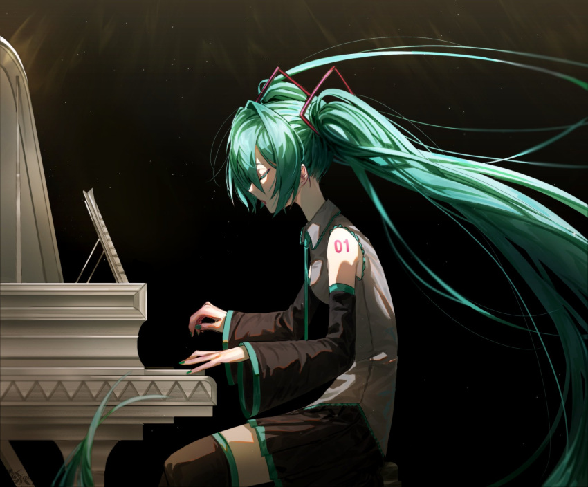 1girl aqua_hair aqua_necktie bare_shoulders black_background black_legwear black_skirt black_sleeves closed_eyes commentary detached_sleeves floating_hair from_side grey_shirt hair_ornament hatsune_miku highres instrument jokujok1519 long_hair miniskirt music necktie open_mouth playing_instrument playing_piano pleated_skirt sheet_music shirt shoulder_tattoo sitting skinny skirt sleeveless sleeveless_shirt solo tattoo thighhighs twintails very_long_hair vocaloid