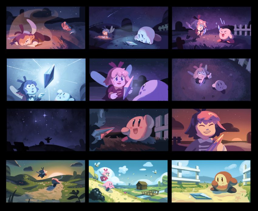 blue_sky cabin cloud crystal dress fence grass kirby kirby_(series) kirby_64 looking_at_another nathalie_fourdraine pink_hair red_dress ribbon ribbon_(kirby) road shooting_star sky smile star_(sky) starry_sky waddle_dee