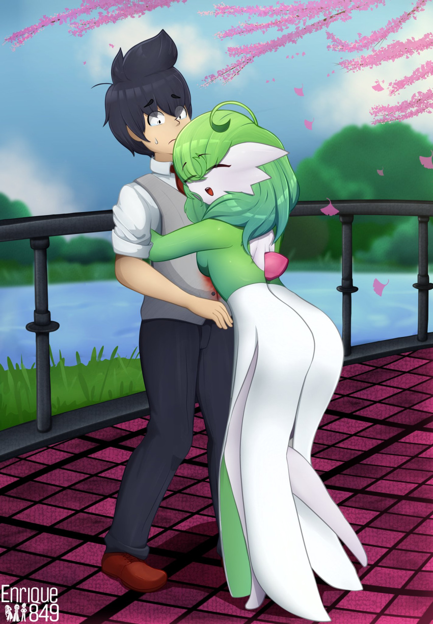 2022 ahoge ailin black_hair blood bodily_fluids bridge clothing detailed_background duo embrace enrique849 eyes_closed female gardevoir green_hair hair happy hi_res hug human male mammal nintendo not_furry open_mouth pok&eacute;mon pok&eacute;mon_(species) signature stab surprised_expression sweat sweatdrop video_games